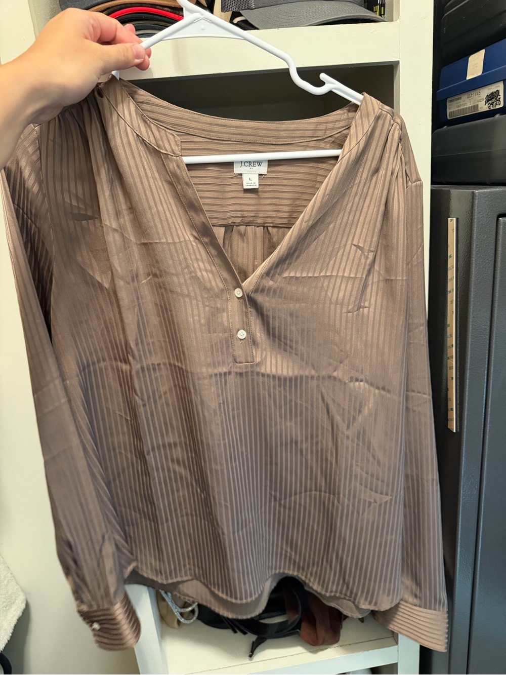 J. Crew Taupe Striped Henley Blouse